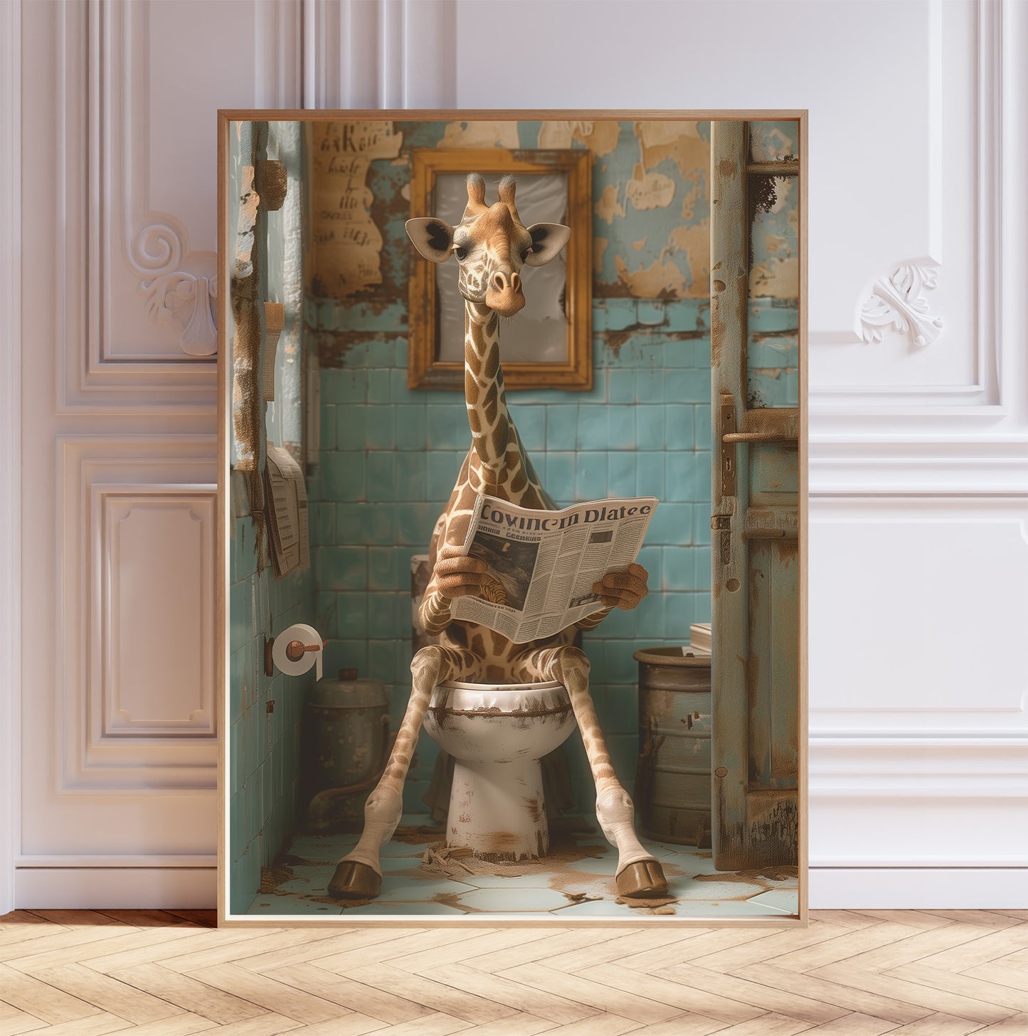 Giraffe on the Toilet With a Newspaper Print, Whimsy Art, Giraffe with Paper, Funny Bathroom Poster, Animal on Toilet, Shabby Chic Wall Art