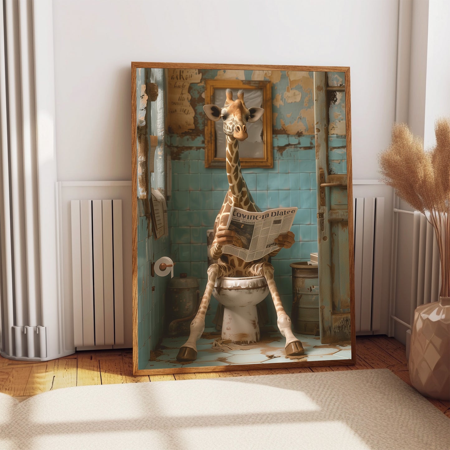 Giraffe on the Toilet With a Newspaper Print, Whimsy Art, Giraffe with Paper, Funny Bathroom Poster, Animal on Toilet, Shabby Chic Wall Art