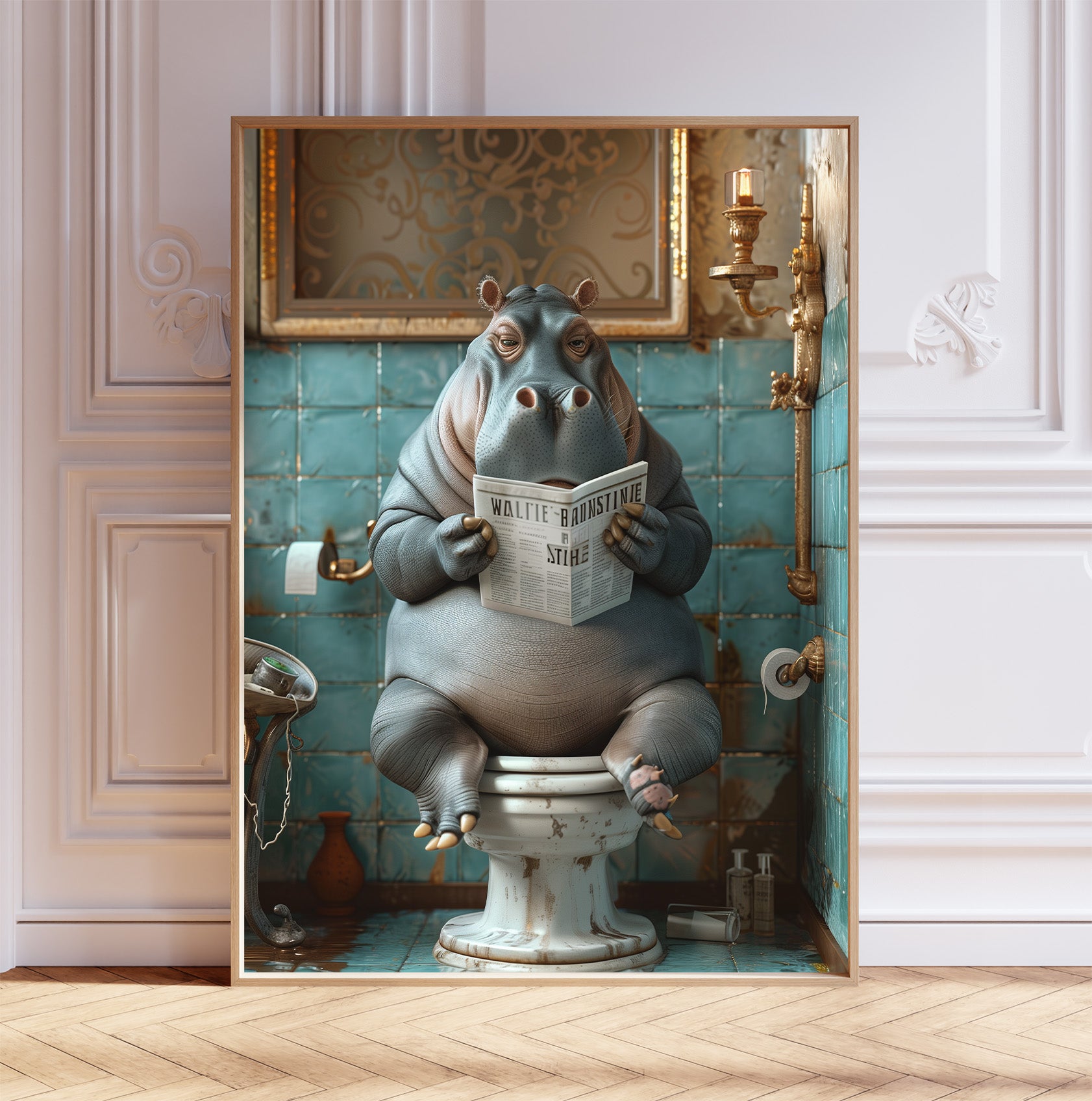 Hippo on the Toilet With a Newspaper Print, Whimsy Wall Art, Hippo with Paper, Funny Bathroom Poster, Animal on Toilet, Shabby Chic Décor