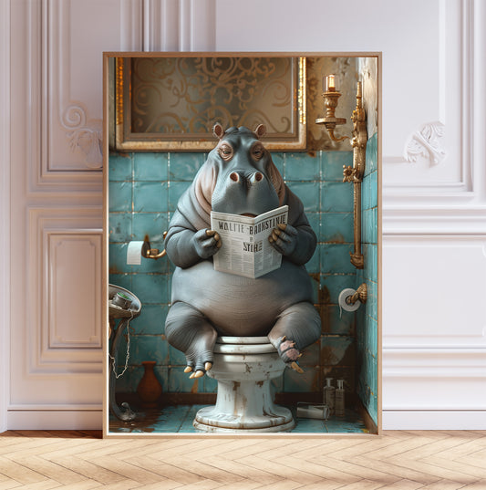 Hippo on the Toilet With a Newspaper Print, Whimsy Wall Art, Hippo with Paper, Funny Bathroom Poster, Animal on Toilet, Shabby Chic Décor