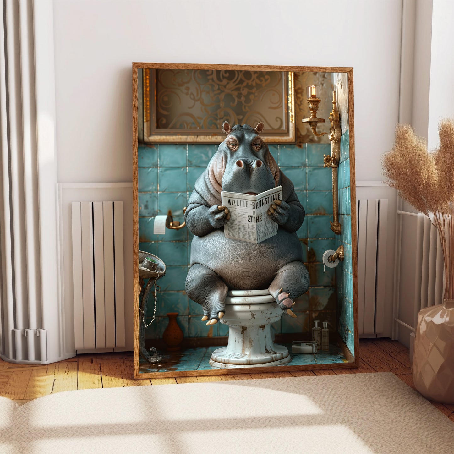 Hippo on the Toilet With a Newspaper Print, Whimsy Wall Art, Hippo with Paper, Funny Bathroom Poster, Animal on Toilet, Shabby Chic Décor