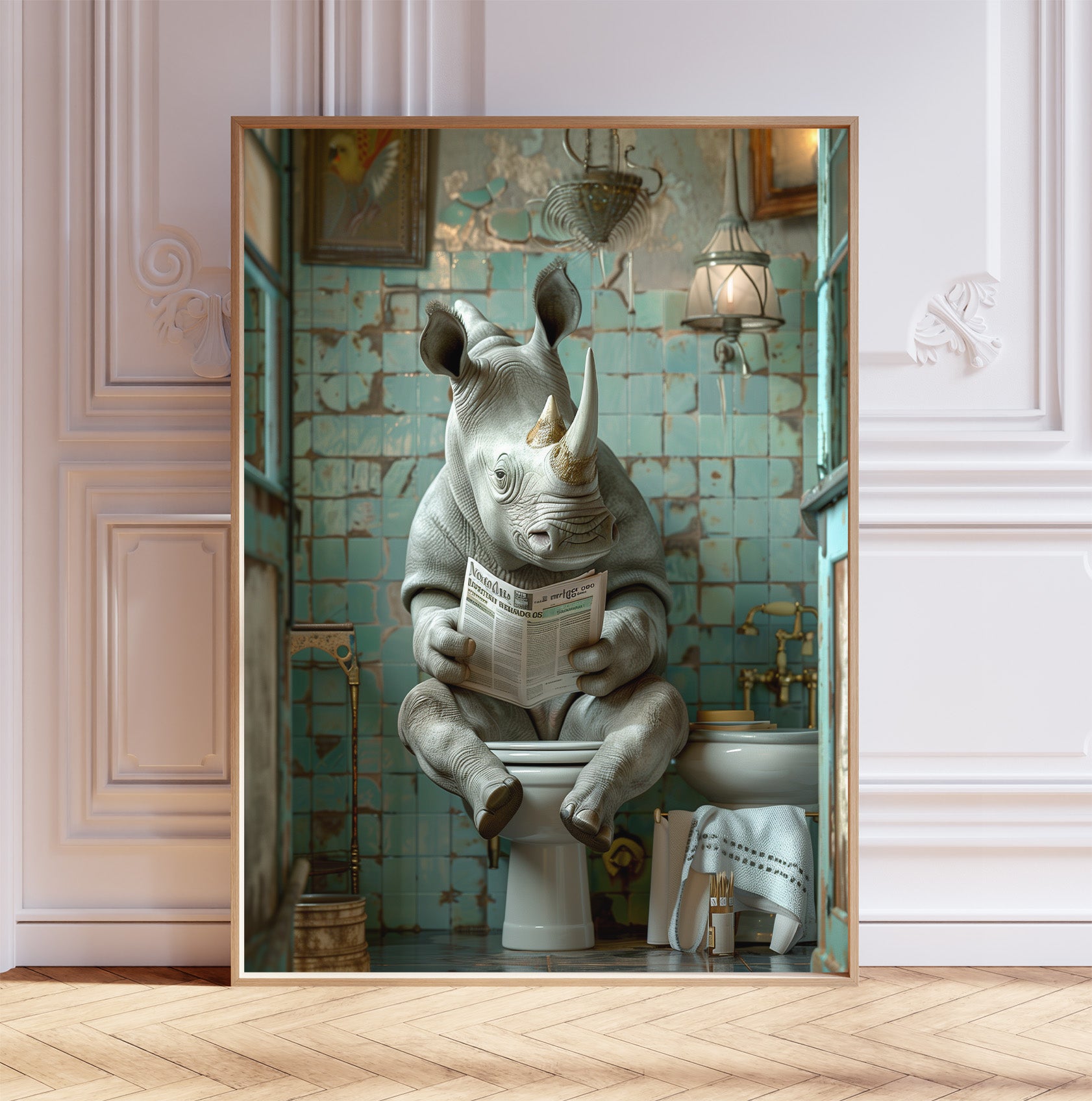 Rhino on the Toilet With a Newspaper Print, Shabby Chic Art, Rhino with Paper, Funny Bathroom Poster, Animal on Toilet, Whimsy Wall Art