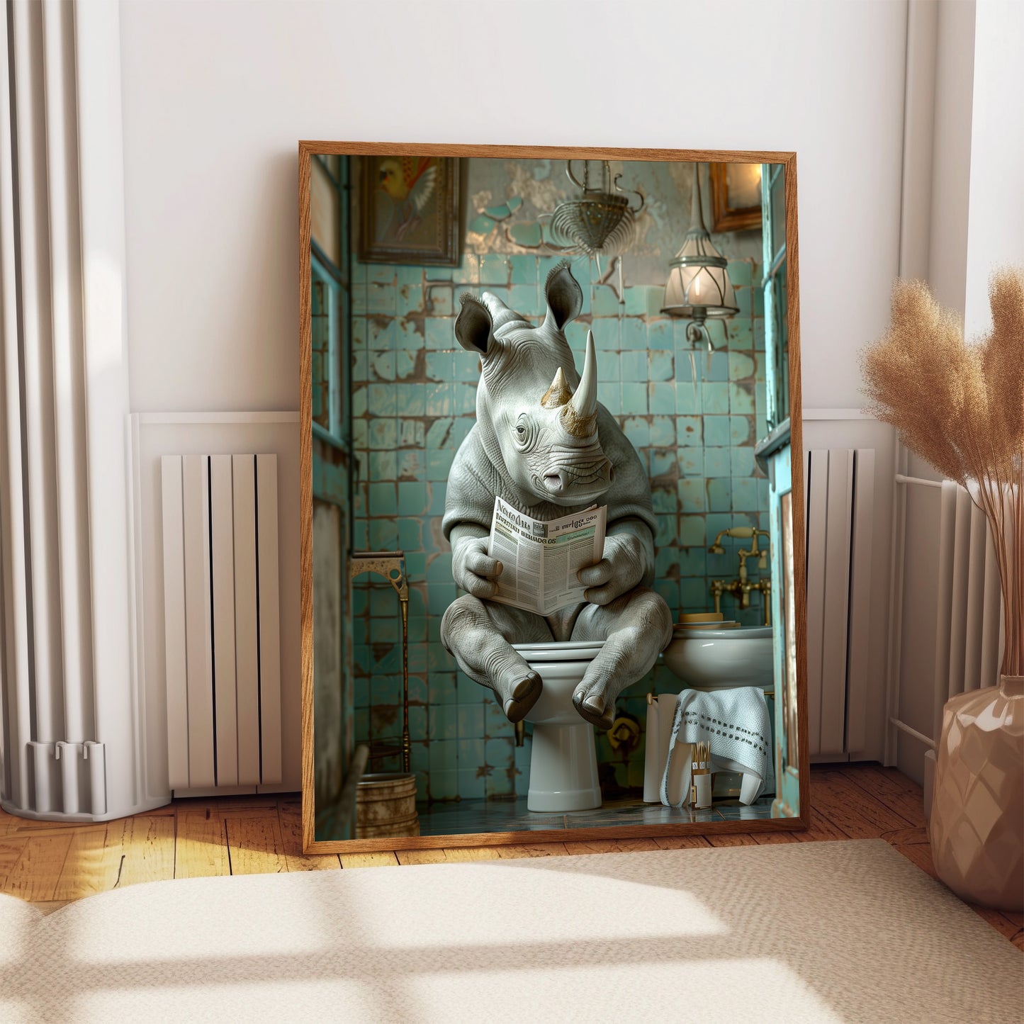 Rhino on the Toilet With a Newspaper Print, Shabby Chic Art, Rhino with Paper, Funny Bathroom Poster, Animal on Toilet, Whimsy Wall Art