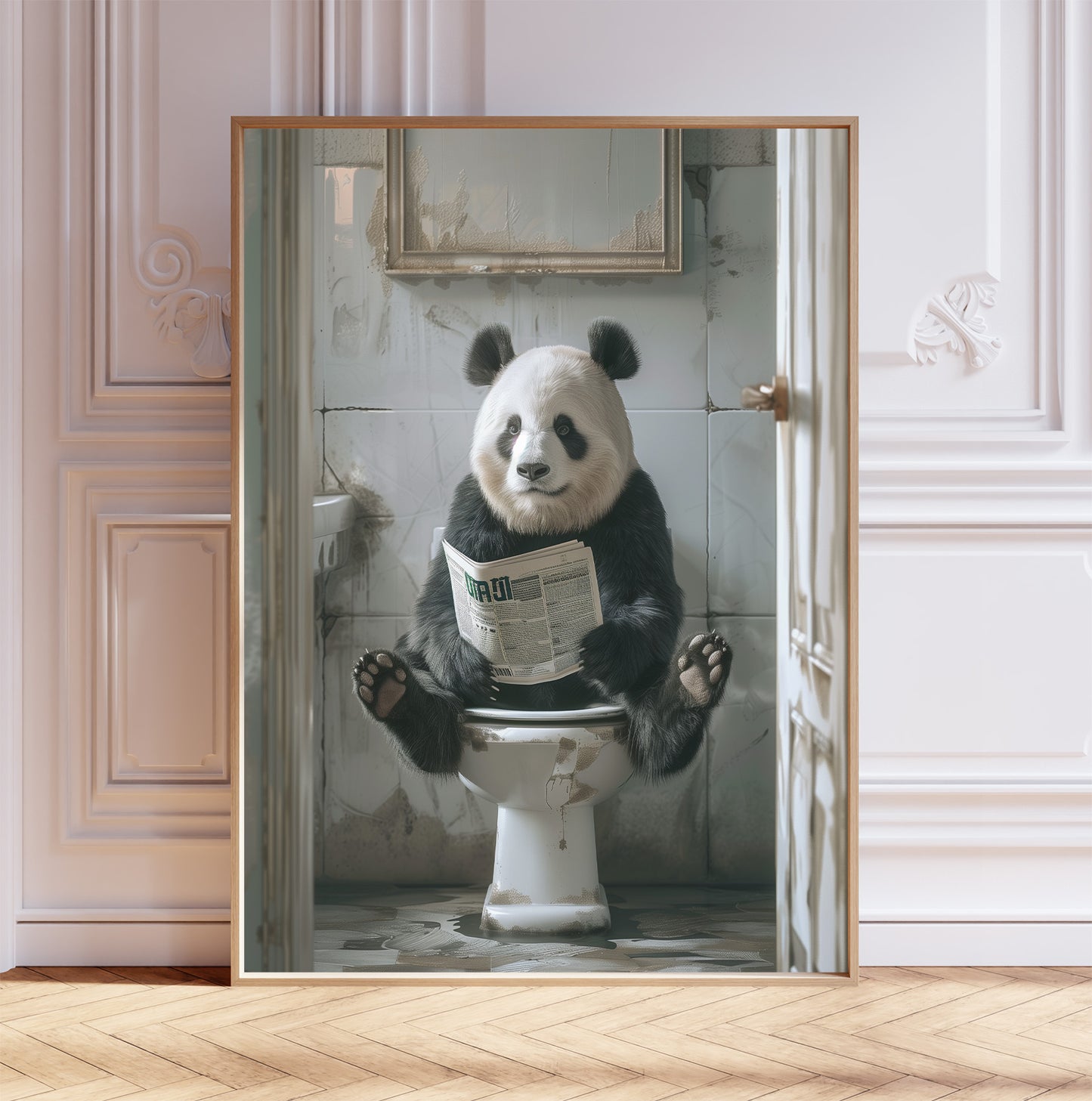 Panda on the Toilet With a Newspaper Print, Shabby Chic Art, Panda with Paper, Funny Bathroom Poster, Animal on Toilet, Whimsy Wall Art