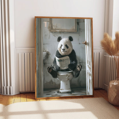 Panda on the Toilet With a Newspaper Print, Shabby Chic Art, Panda with Paper, Funny Bathroom Poster, Animal on Toilet, Whimsy Wall Art