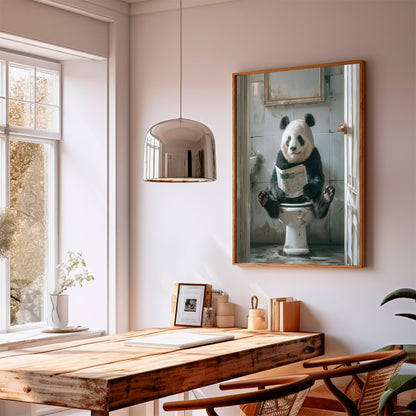 Panda on the Toilet With a Newspaper Print, Shabby Chic Art, Panda with Paper, Funny Bathroom Poster, Animal on Toilet, Whimsy Wall Art