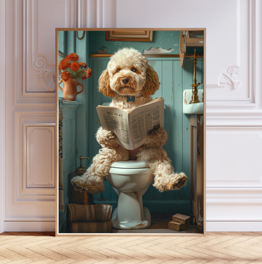 Cockapoo on the Toilet With a Newspaper Print, Shabby Chic, Cockapoo with Paper, Funny Bathroom Poster, Animal on Toilet, Whimsy Wall Art