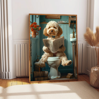 Cockapoo on the Toilet With a Newspaper Print, Shabby Chic, Cockapoo with Paper, Funny Bathroom Poster, Animal on Toilet, Whimsy Wall Art