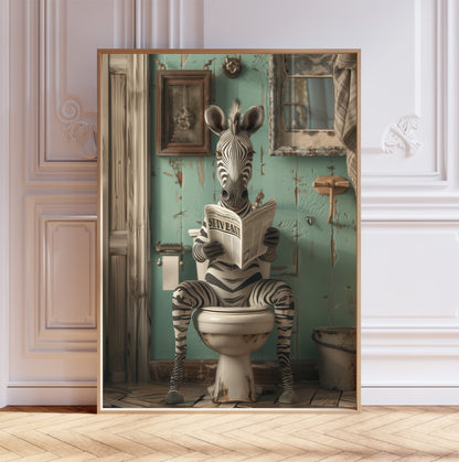 Zebra on the Toilet With a Newspaper Print, Whimsy Wall Art, Zebra with Paper, Funny Bathroom Poster, Animal on Toilet, Shabby Chic Décor