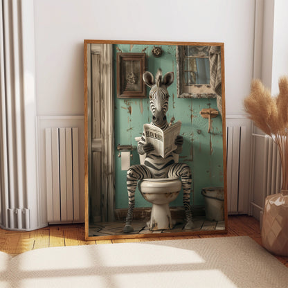 Zebra on the Toilet With a Newspaper Print, Whimsy Wall Art, Zebra with Paper, Funny Bathroom Poster, Animal on Toilet, Shabby Chic Décor