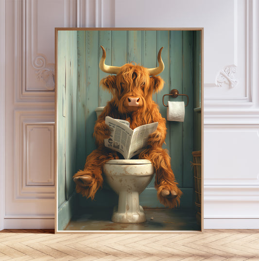 Highland Cow on the Toilet With a Newspaper Print, Shabby Chic Art, Scotland Cow with Paper, Funny Bathroom Poster, Animal on Toilet, Whimsy