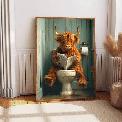 Highland Cow on the Toilet With a Newspaper Print, Shabby Chic Art, Scotland Cow with Paper, Funny Bathroom Poster, Animal on Toilet, Whimsy