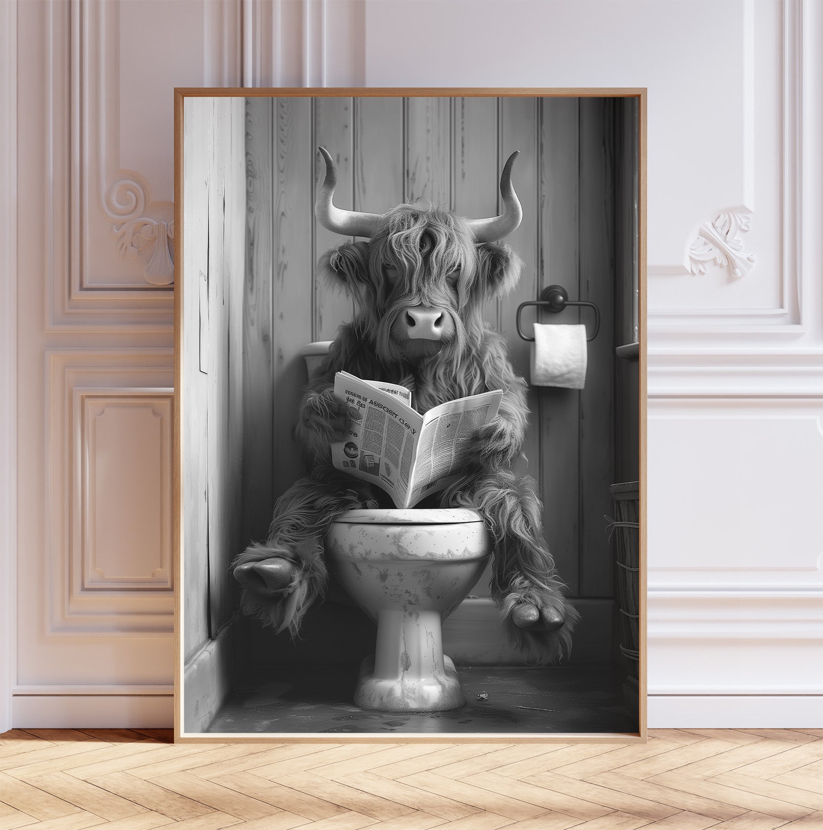 Highland Cow on the Toilet With a Newspaper Print, Black & White, Scotland Cow with Paper, Funny Bathroom Poster, Animal on Toilet, Whimsy