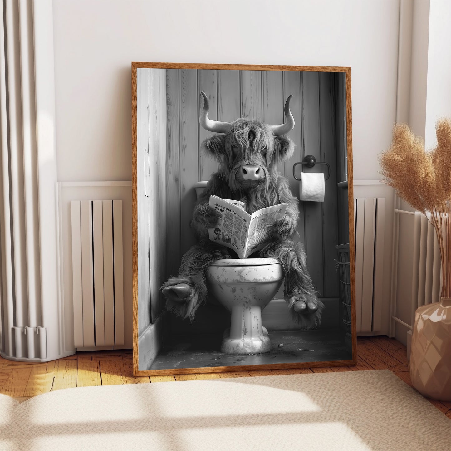 Highland Cow on the Toilet With a Newspaper Print, Black & White, Scotland Cow with Paper, Funny Bathroom Poster, Animal on Toilet, Whimsy