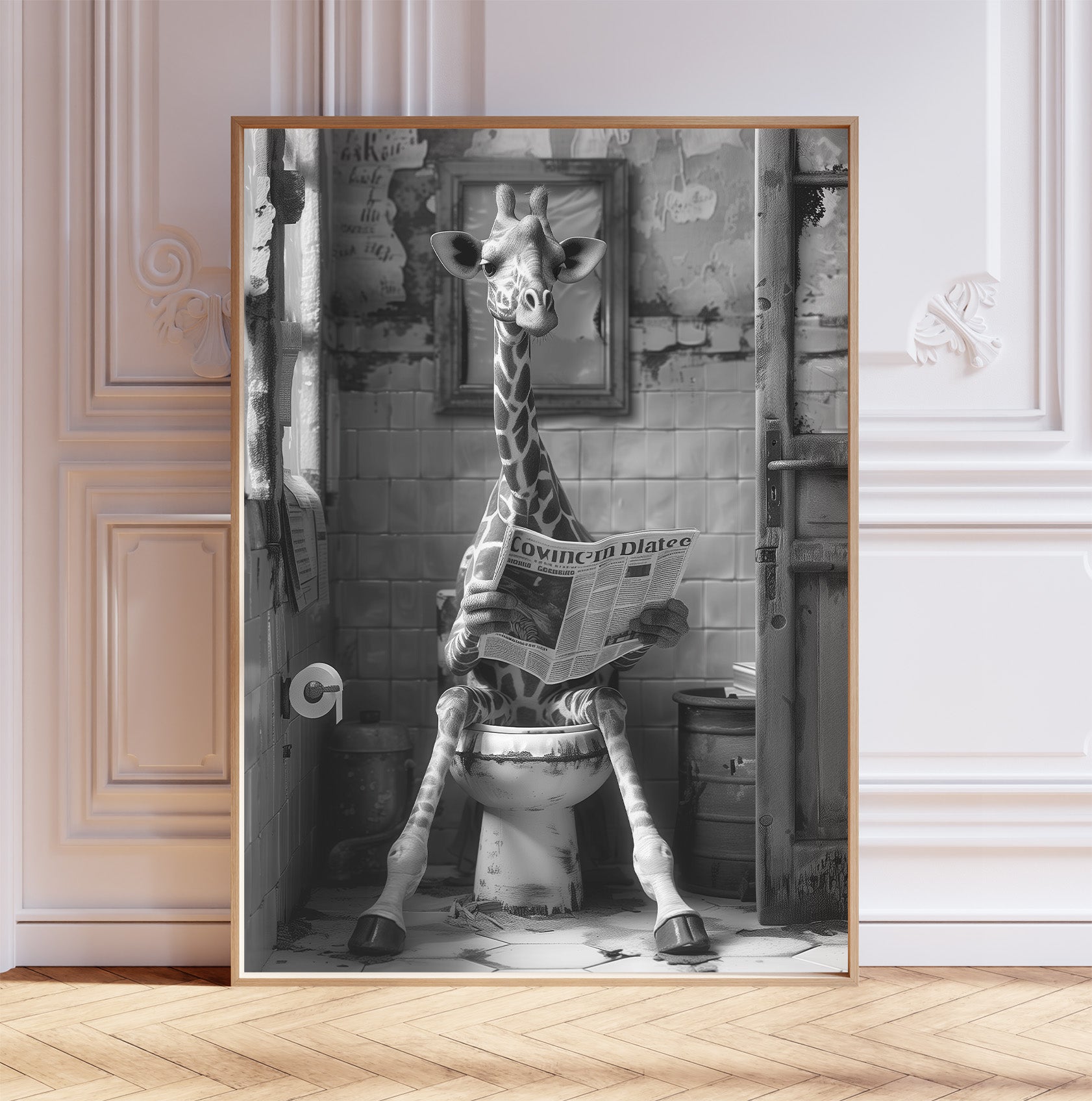 Giraffe on the Toilet With a Newspaper Print, Black & Wihite, Giraffe with Paper, Funny Bathroom Poster, Animal on Toilet, Whimsy Wall Art