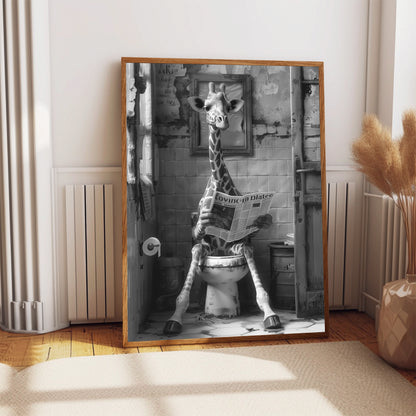 Giraffe on the Toilet With a Newspaper Print, Black & White, Giraffe with Paper, Funny Bathroom Poster, Animal on Toilet, Whimsy Wall Art