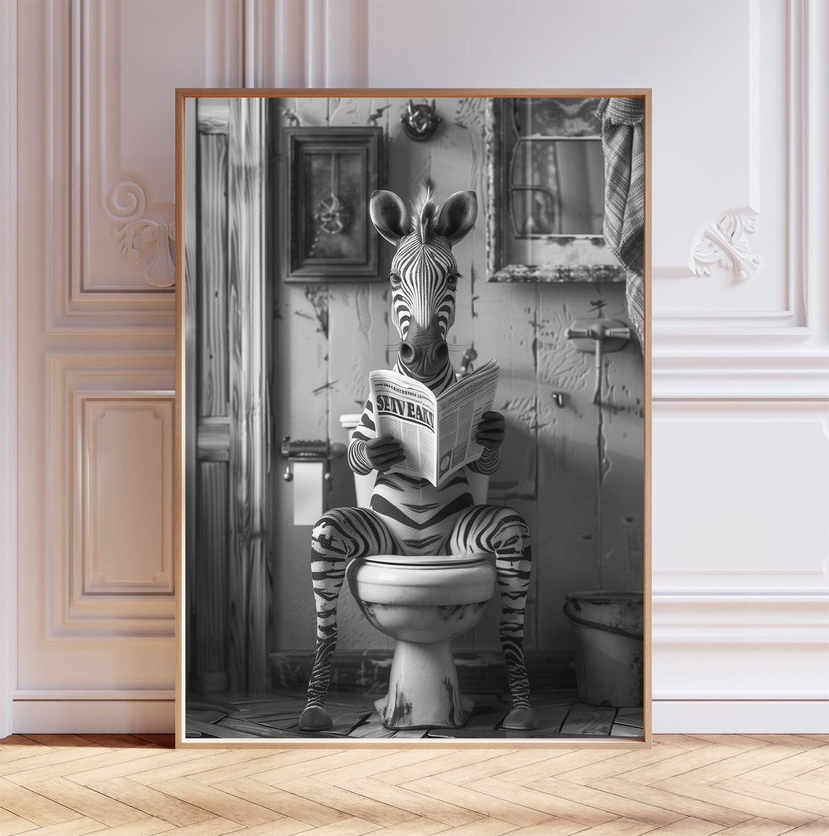 Zebra on the Toilet With a Newspaper Print, Black & White, Zebra with Paper, Funny Bathroom Poster, Animal on Toilet, Whimsy Wall Art