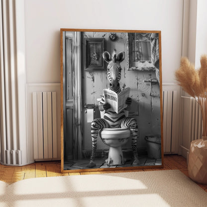 Zebra on the Toilet With a Newspaper Print, Black & White, Zebra with Paper, Funny Bathroom Poster, Animal on Toilet, Whimsy Wall Art