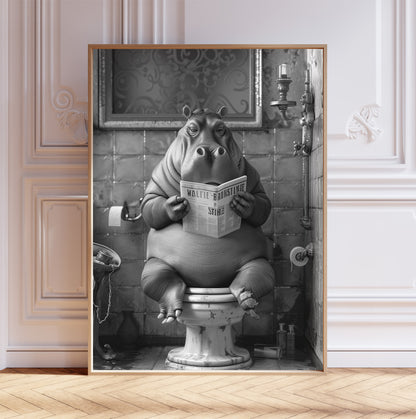 Hippo on the Toilet With a Newspaper Print, Black & White, Hippo with Paper, Funny Bathroom Poster, Animal on Toilet, Whimsy Wall Art