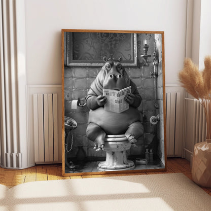 Hippo on the Toilet With a Newspaper Print, Black & White, Hippo with Paper, Funny Bathroom Poster, Animal on Toilet, Whimsy Wall Art