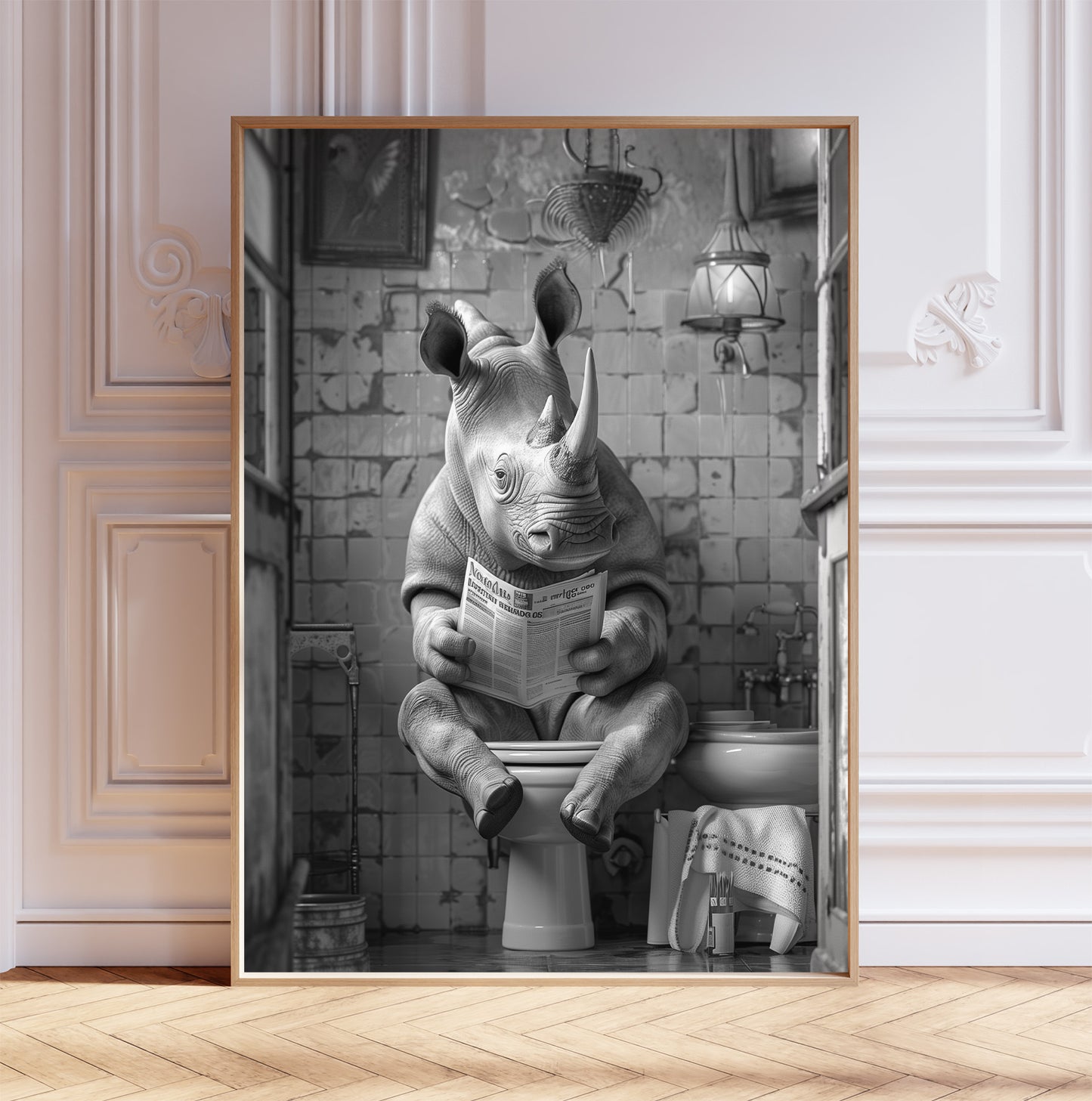 Rhino on the Toilet With a Newspaper Print, Black & White, Rhino with Paper, Funny Bathroom Poster, Animal on Toilet, Whimsy Wall Art