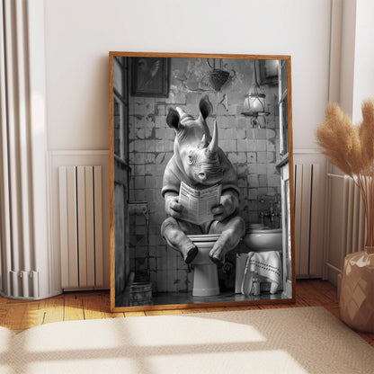 Rhino on the Toilet With a Newspaper Print, Black & White, Rhino with Paper, Funny Bathroom Poster, Animal on Toilet, Whimsy Wall Art