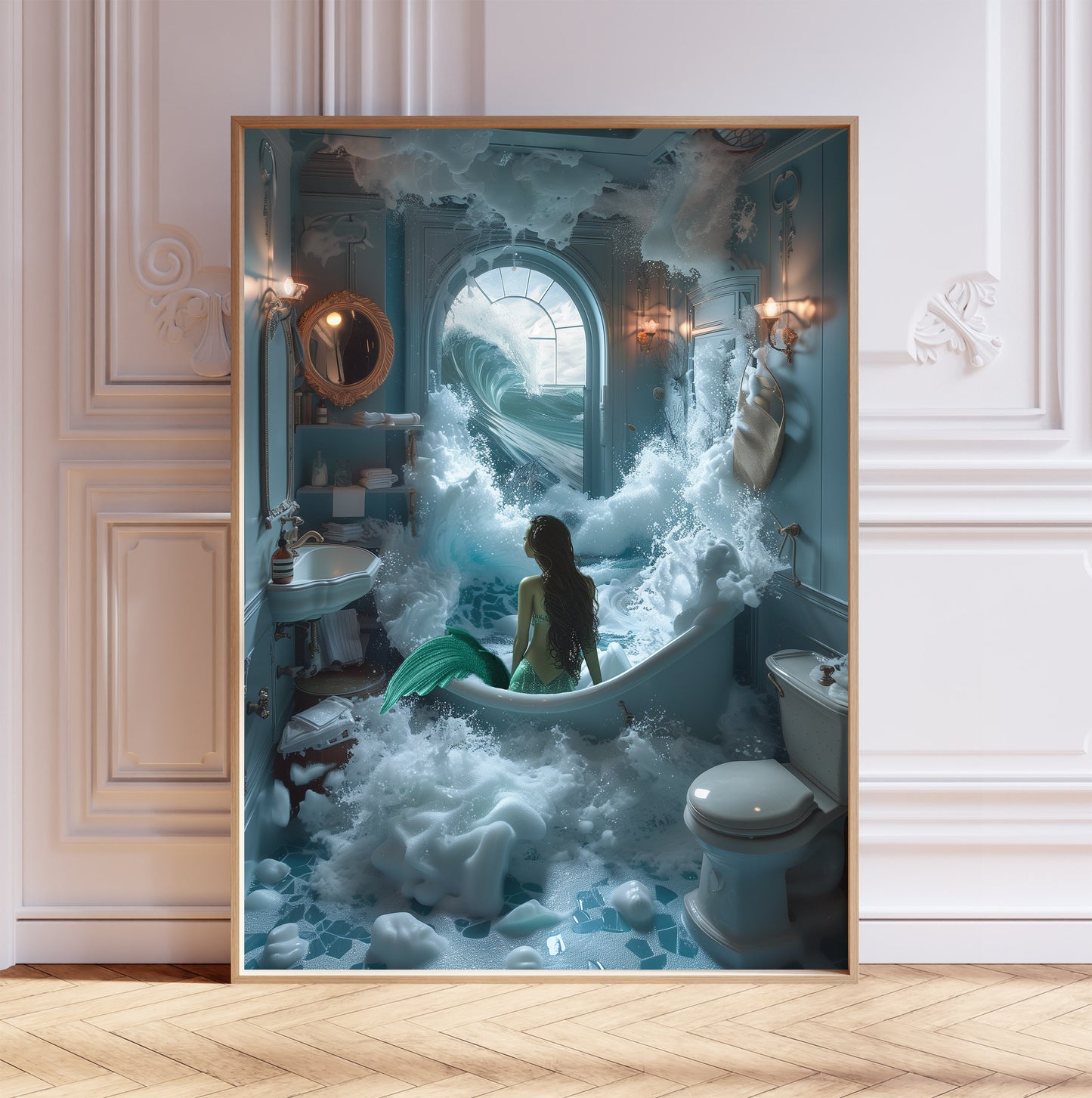 Mermaid in a Bathtub Print, The Great Waves, Ocean Bathroom Art, Mermaid in Bathtub, Girly Bathroom Decor, Nursery Wall Art, Poster Print