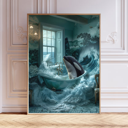 The Great Wave Killer Whale Print, Bathtub Art, Bathroom Wall Decor, Crashing Ocean Waves, Marine Life, Orca in a Bathtub, Art Poster Print