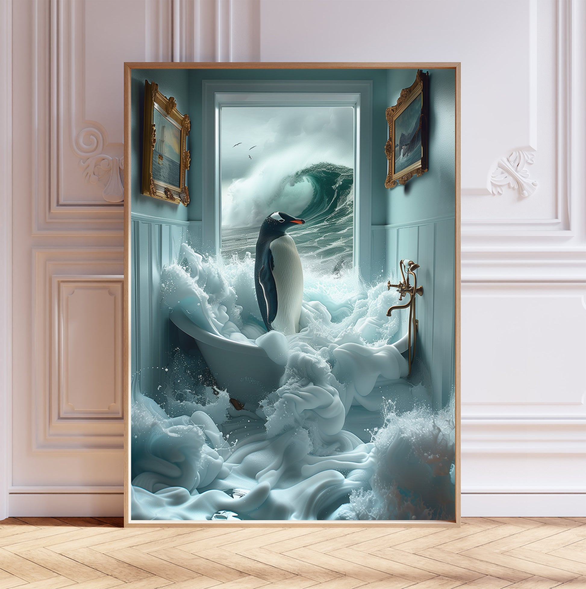 The Great Wave Penguin Print, Bathtub Art, Bathroom Wall Decor, Crashing Ocean Waves, Bathroom Print, Penguin in Bathtub, Art Poster Print