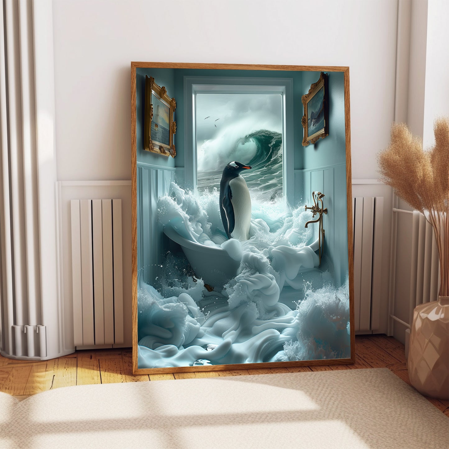 The Great Wave Penguin Print, Bathtub Art, Bathroom Wall Decor, Crashing Ocean Waves, Bathroom Print, Penguin in Bathtub, Art Poster Print