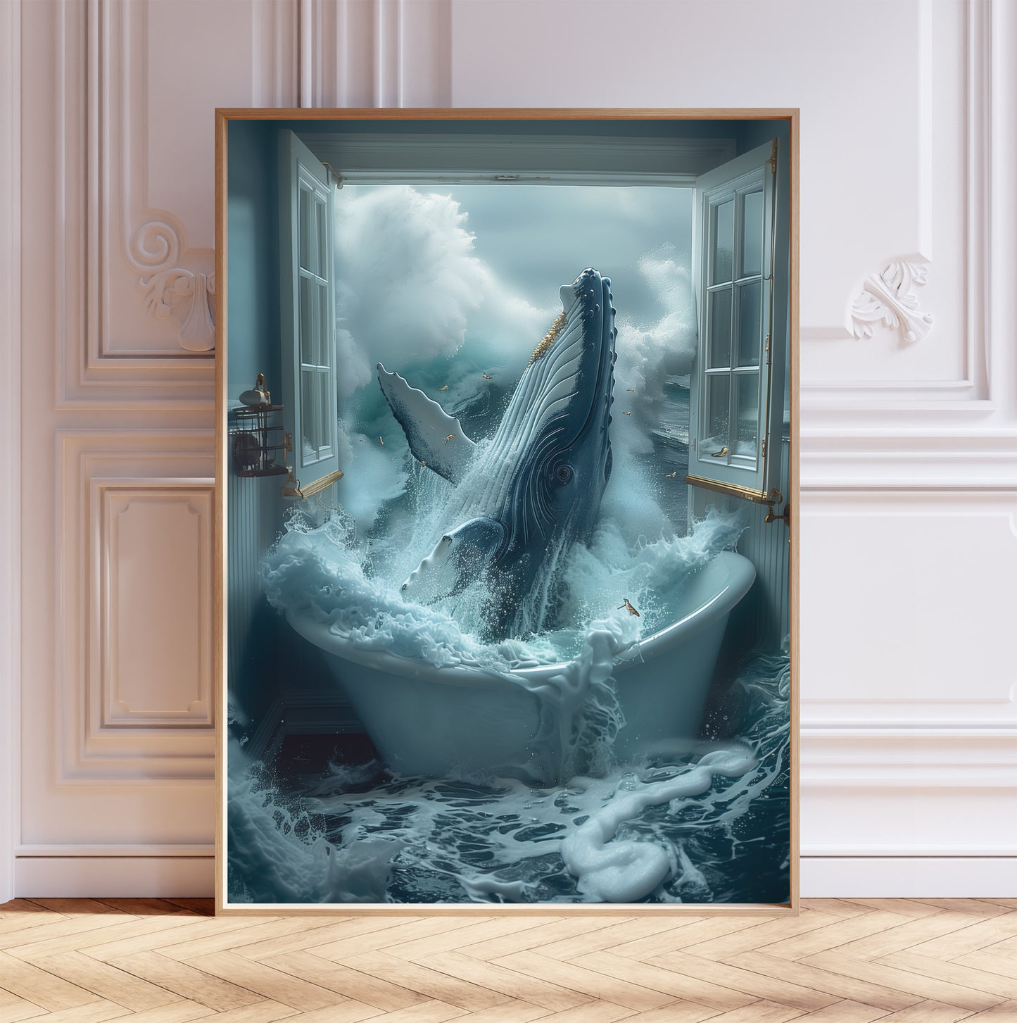 Whale Breaching out a Bathtub Print, Bathroom Wall Decor, Bathtub Art, Crashing Ocean Waves, The Great Wave Humpback Whale, Art Poster Print