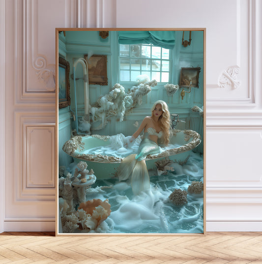 Siren Print, Bathtub Art, Bathroom Wall Décor, Ocean Waves, Girly Fantasy Art, Mermaid in a Bathtub, Art Poster Print