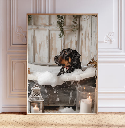 Rottweiler Having a Bath Shabby Chic ART PRINT Poster Bathroom Décor