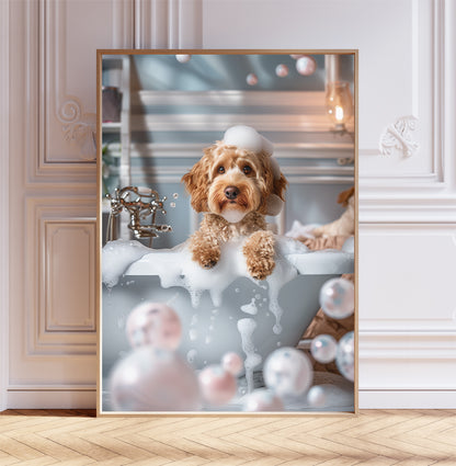 Cockapoo Dog Having a Bath Shabby Chic ART PRINT Poster Funny Bathroom Décor