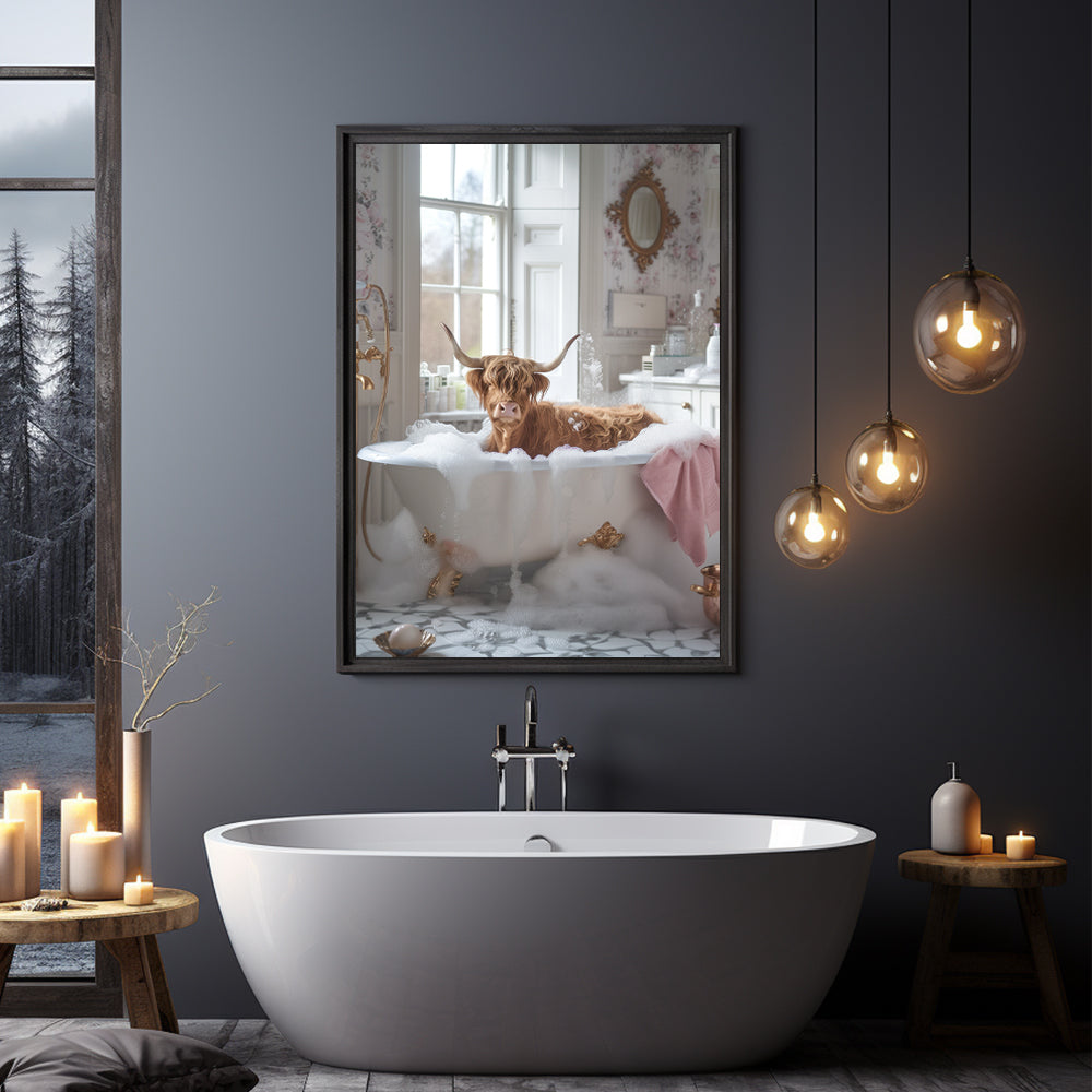 Highland Cow in Having a Bath Shabby Chic ART PRINT Poster Bathroom Décor