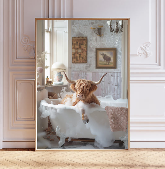 Scottish Highland Cow in Having a Bath Shabby Chic ART PRINT Poster Bathroom Décor