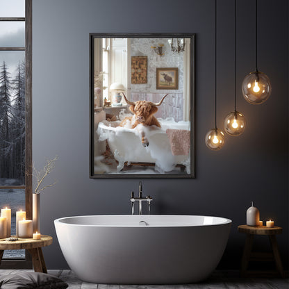 Scottish Highland Cow in Having a Bath Shabby Chic ART PRINT Poster Bathroom Décor