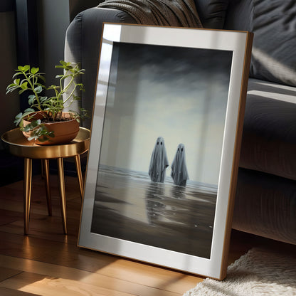 Ghost Couple Print - Spooky Poster - Ghost at Beach Print - Gothic Wedding Gift - Dark Academia - Gothic Home Decor - Ghost Print
