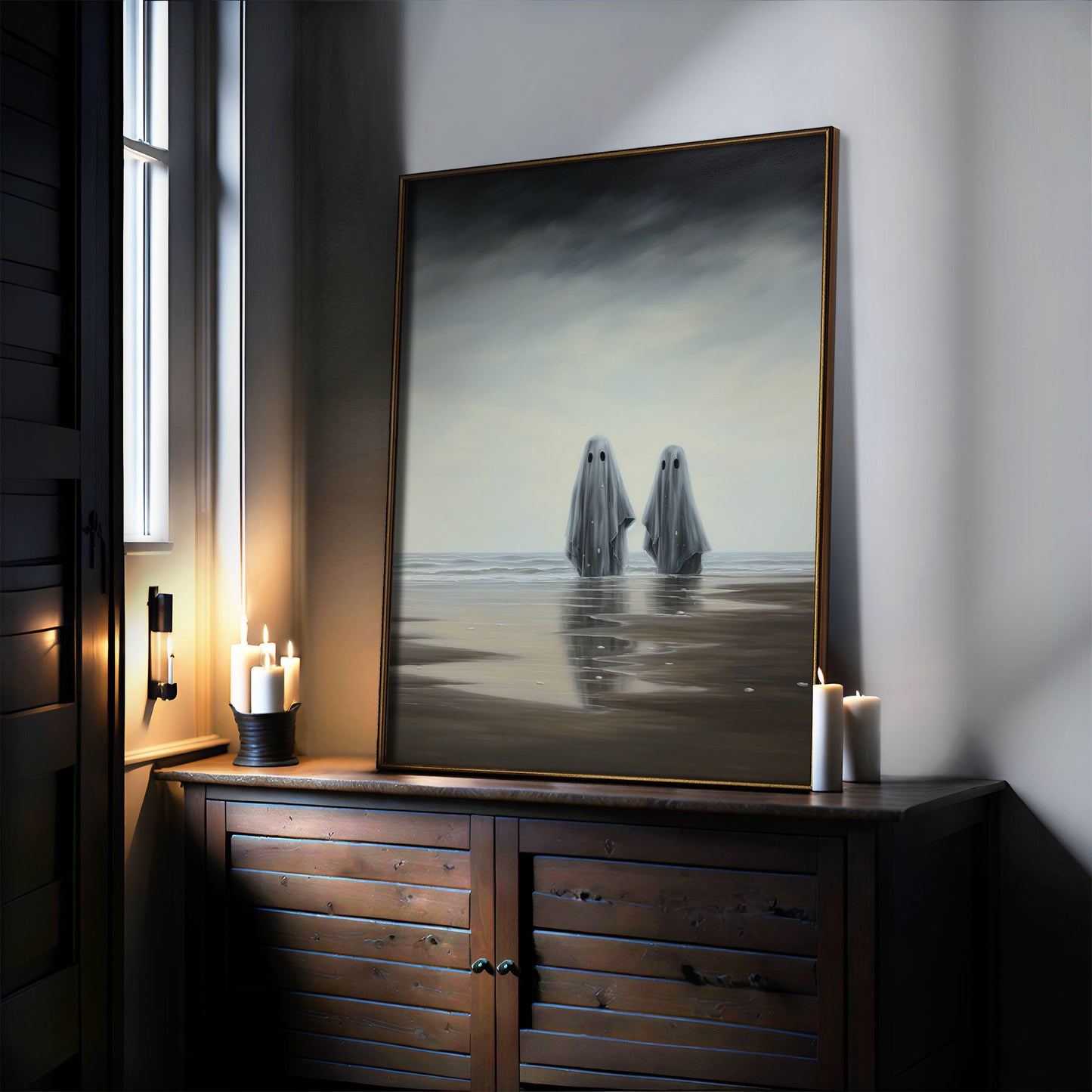 Ghost Couple Print - Spooky Poster - Ghost at Beach Print - Gothic Wedding Gift - Dark Academia - Gothic Home Decor - Ghost Print
