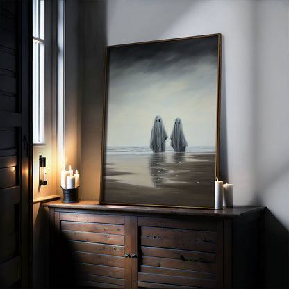 Ghost Couple Print - Spooky Poster - Ghost at Beach Print - Gothic Wedding Gift - Dark Academia - Gothic Home Decor - Ghost Print