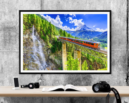 Matterhorn Switzerland Train Waterfall Landscape WALL ART PRINT Poster Picture Wall Hanging