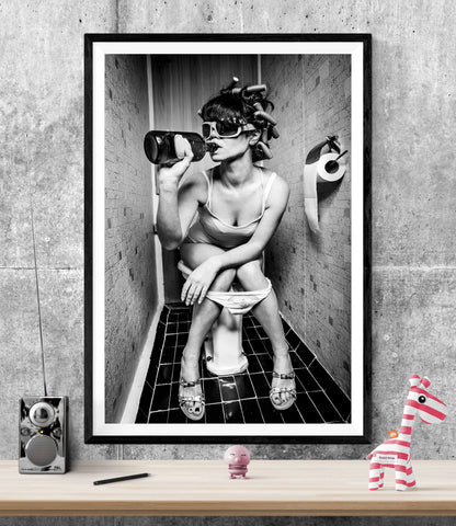 Girl Drinking On Toilet Bathroom WALL ART PRINT Poster Picture