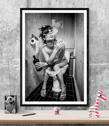 Girl Smoking & Drinking Toilet Bathroom WALL ART PRINT Poster Picture