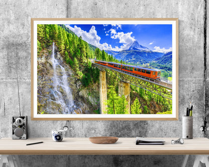 Matterhorn Switzerland Train Waterfall Landscape WALL ART PRINT Poster Picture Wall Hanging