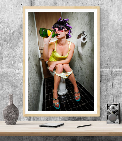 Girl Drinking On Toilet Bathroom WALL ART PRINT Poster Picture Wall Hanging